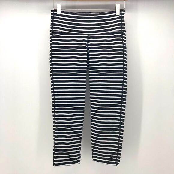 Athleta Crop Leggings Womens Small Black White Stripe Athleisure Sport Yoga - Picture 1 of 9